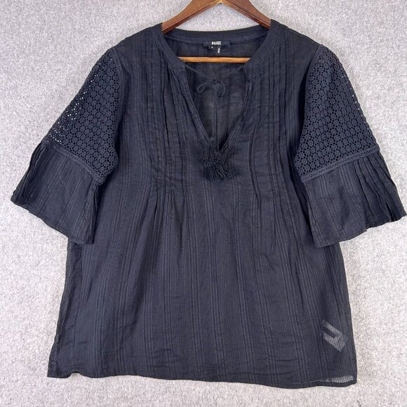 Paige Shirt Womens Medium Black V-Neck Tasseled Bell Sleeve Beach Peasant Blouse - Picture 1 of 10